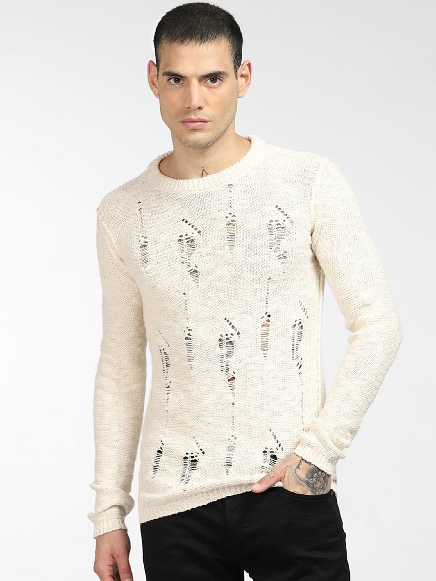 Jack & Jones Beige Cotton Regular Fit Self Pattern Sweater