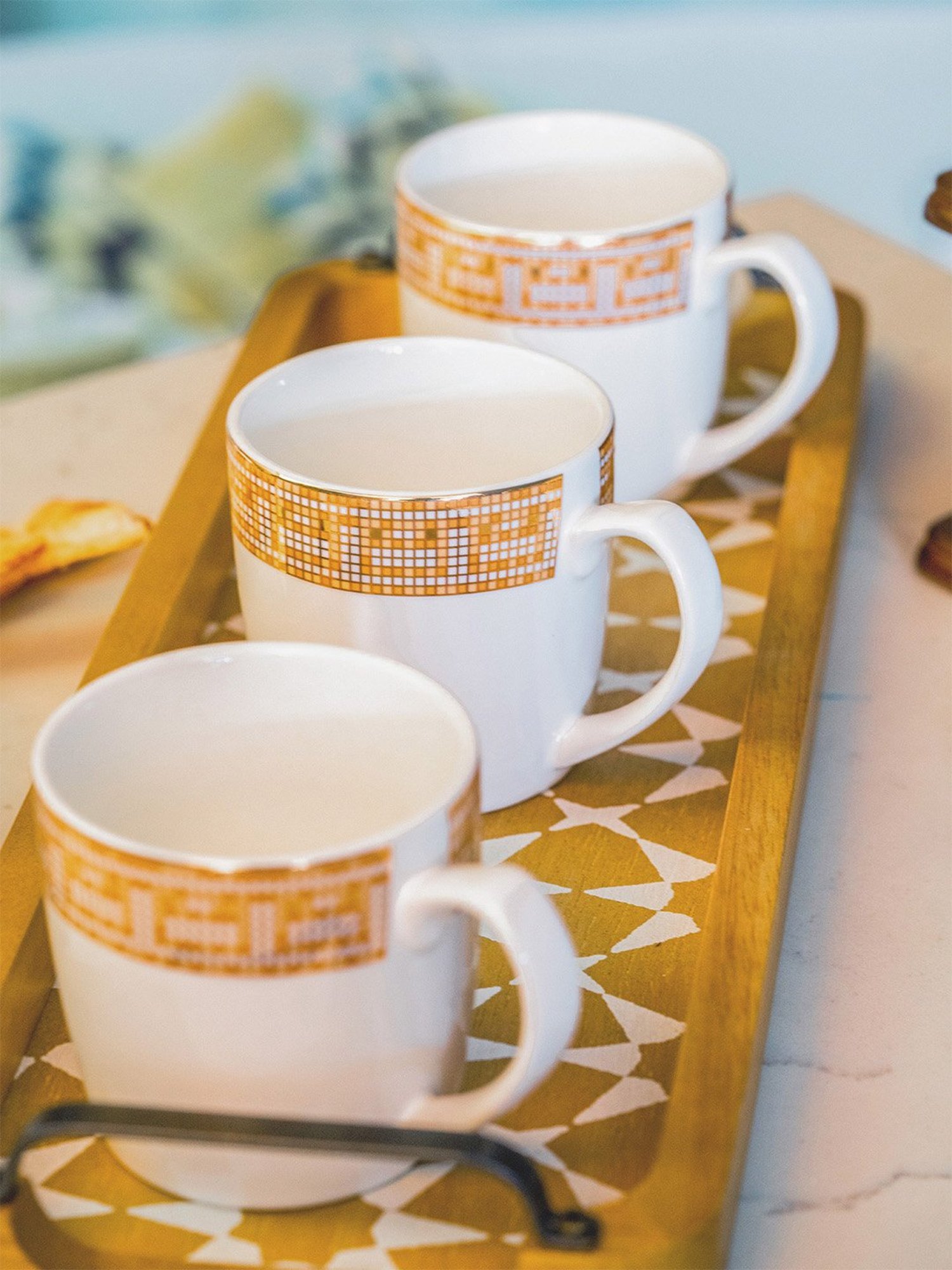 White Gold Printed White Porcelain Coffee Mug - Set of 6 (180ml)