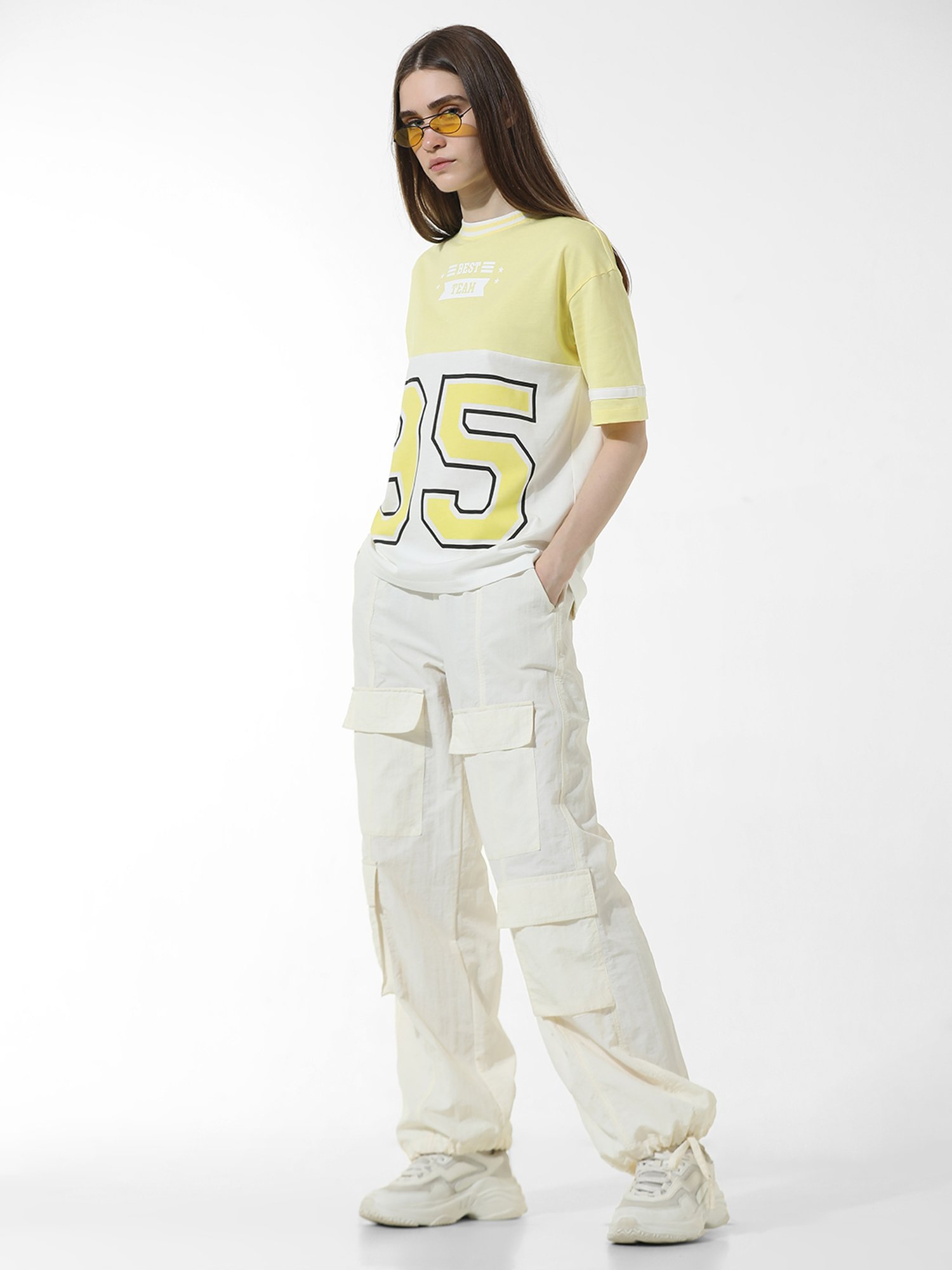 Only Yellow & White Cotton Graphic Print T-Shirt