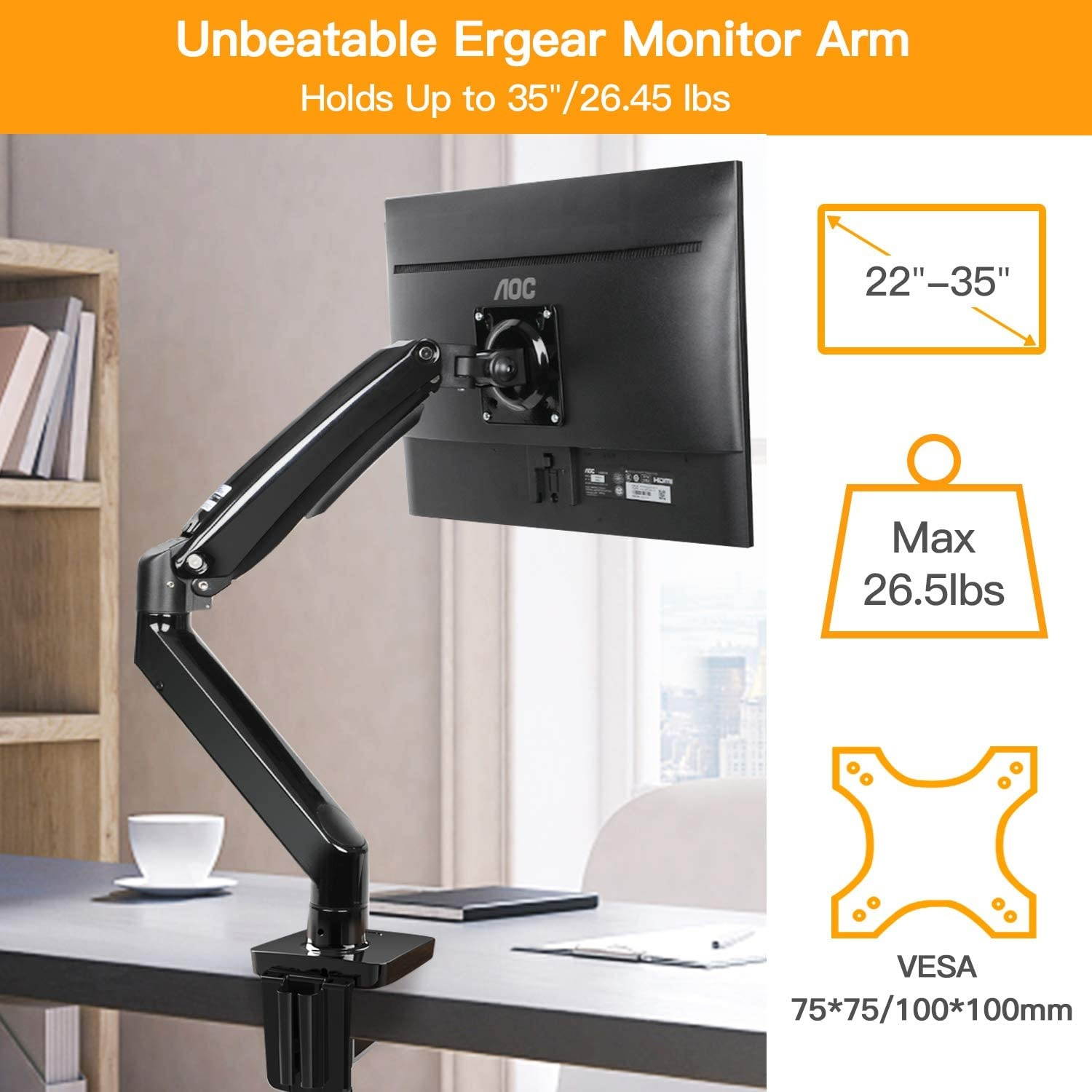 22-35&rdquo; Premium Single Monitor Stand Mount, Ultrawide Computer Screen Desk Mount w/Full Motion Gas Spring Arm, Height/Tilt/Swivel/Rotation Adjustable, Holds from 6.6lbs to 26.5lbs