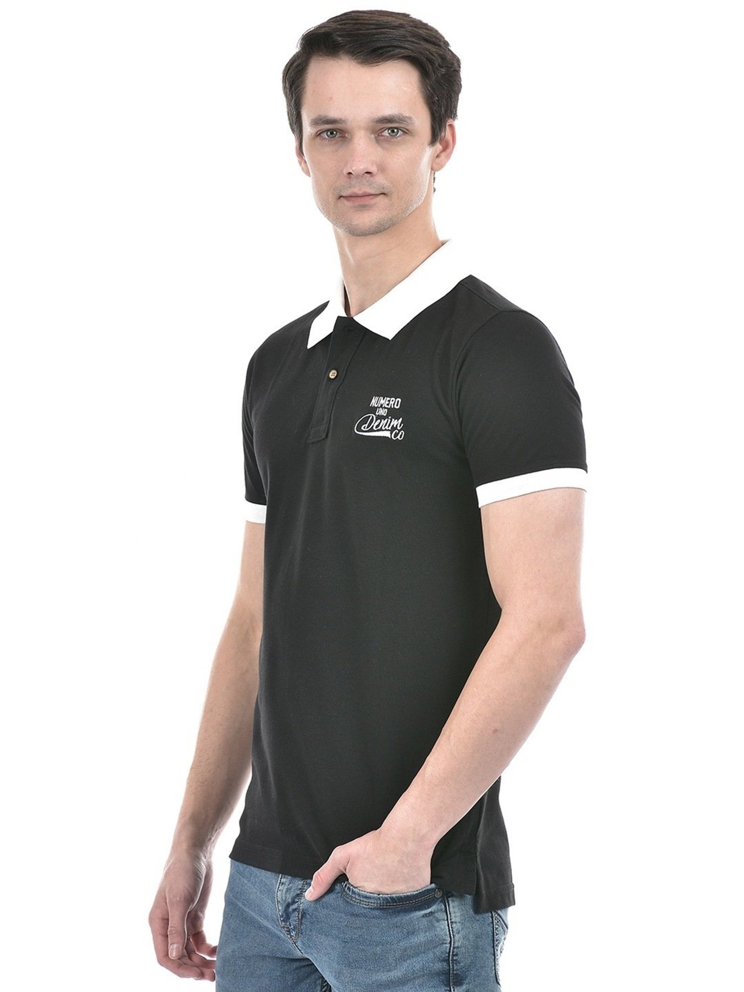 Numero Uno Black Cotton Slim Fit Polo T-Shirt
