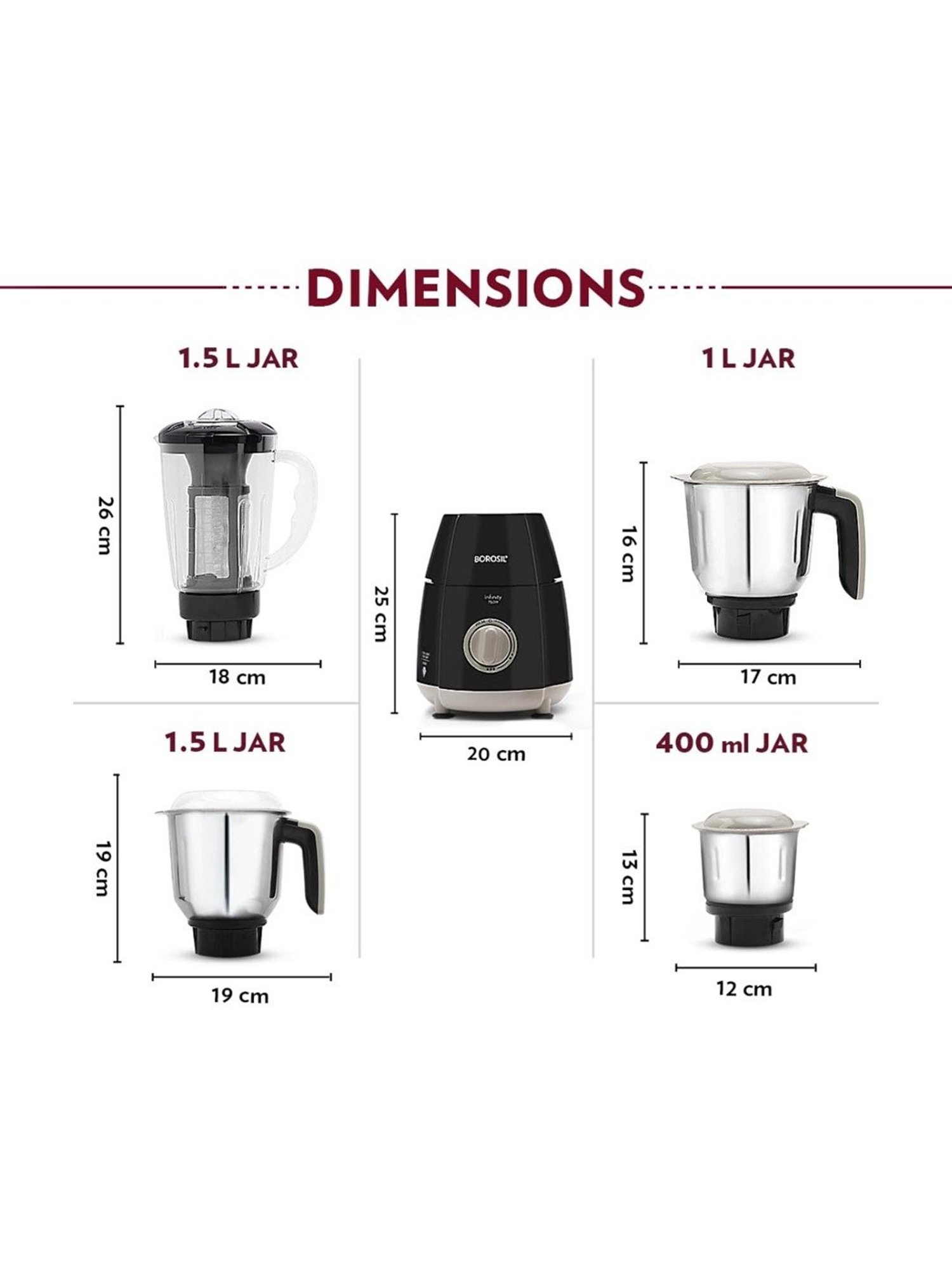 Borosil Stainless Steel Mixer Grinder With 4 Jars ( Black )