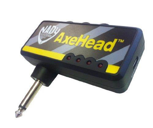 Nady AxeHead Miniature Headphone Guitar Amplifier _ Built-in amp simulation with gain, tone and volume controls _ includes headphones splitter, 3.5mm audio cable, and USB charging cable