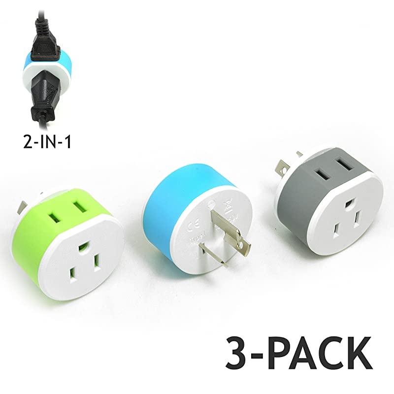 New Zealand China Power Plug Adapter by OREI with 2 USA Inputs Travel 3 Pack Type I US16 Safe Grounded Use with Cell Phones Laptop Camera Chargers CPAP and More