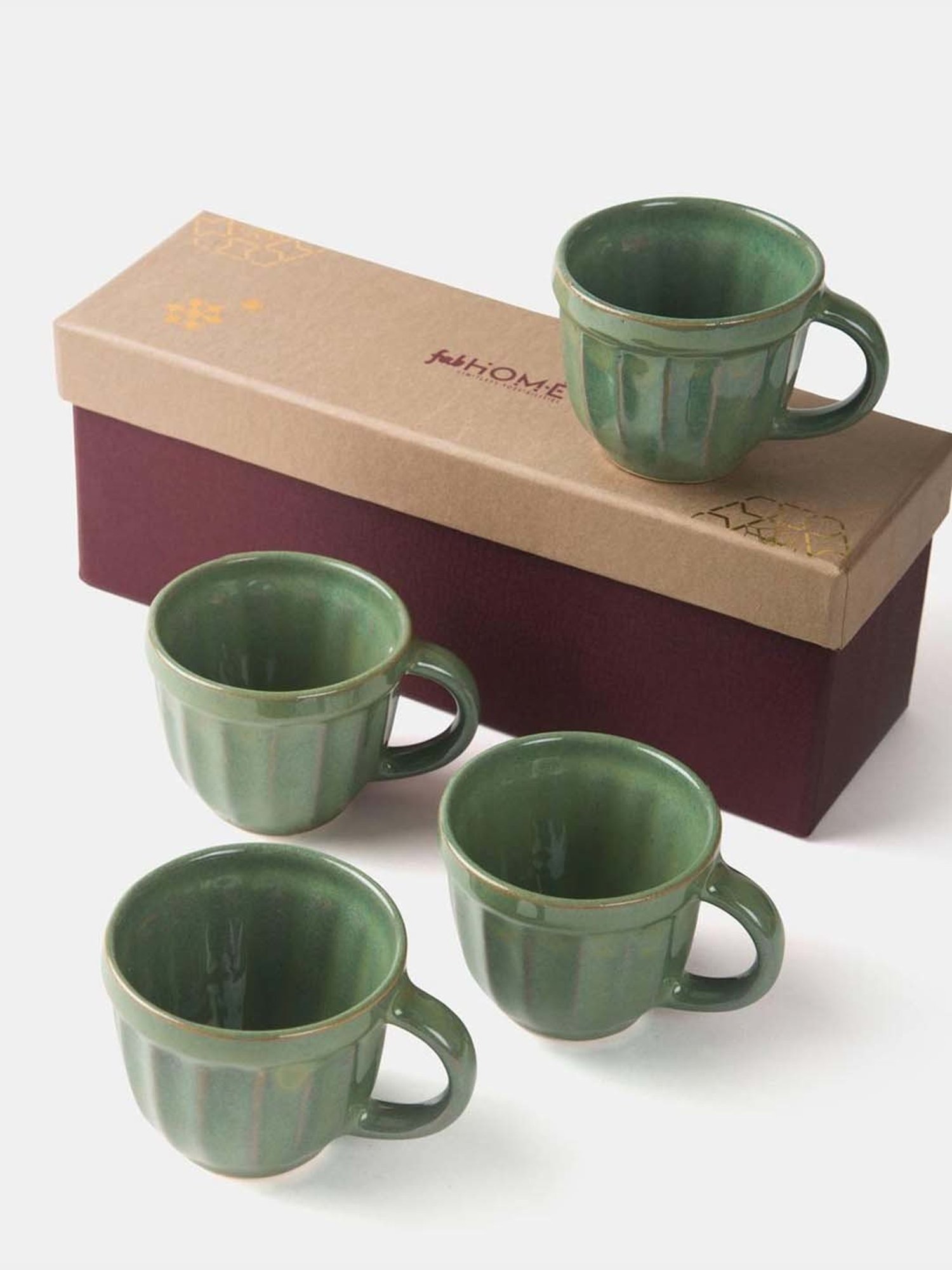Fabindia Home Tarinika Green Ceramic Cups (120ml) - Set of 4