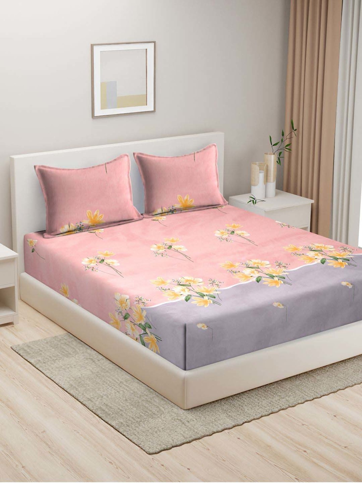 HOSTA HOMES Pink & Grey Cotton 280 TC King Bedsheet with 2 Pillow Covers