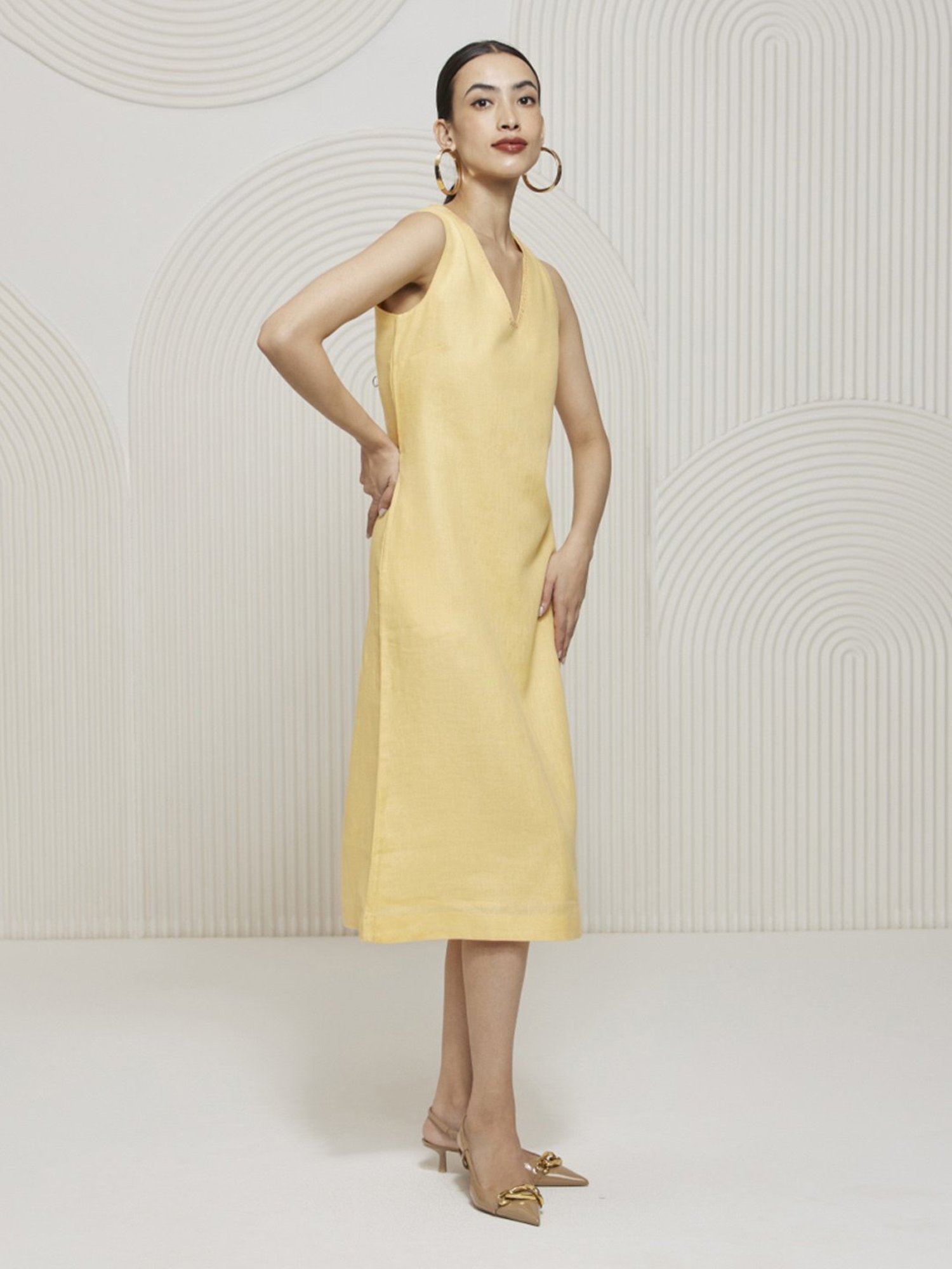 Artagai Yellow Kantha Relaxed Fit Dress with Bucket Neckline