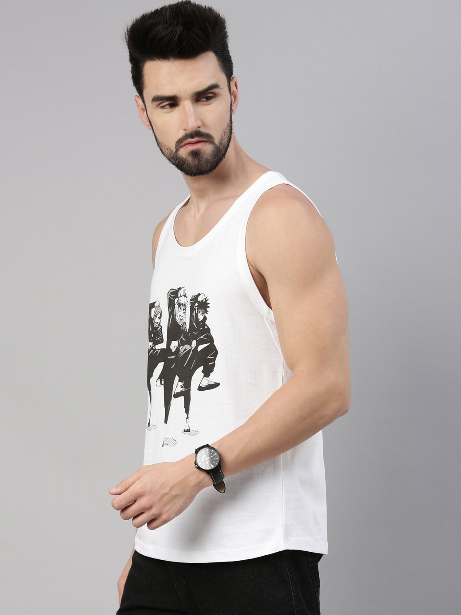 Bushirt Anime White Printed Cotton Vest