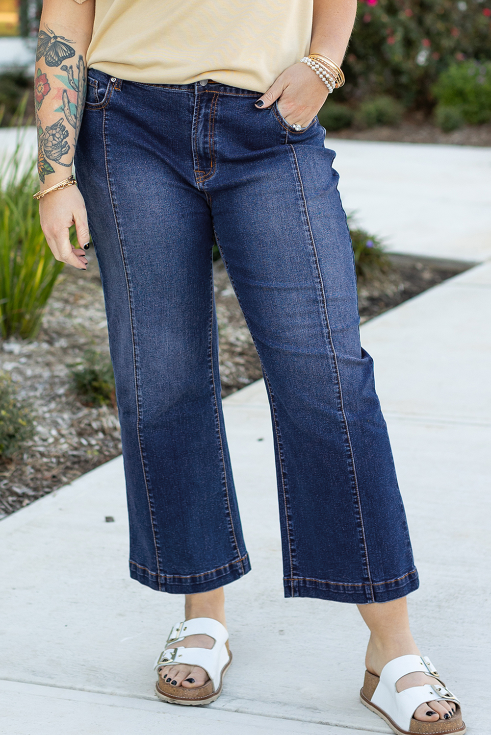 Dark Blue Plus Size Stitching Washed Flare Jeans