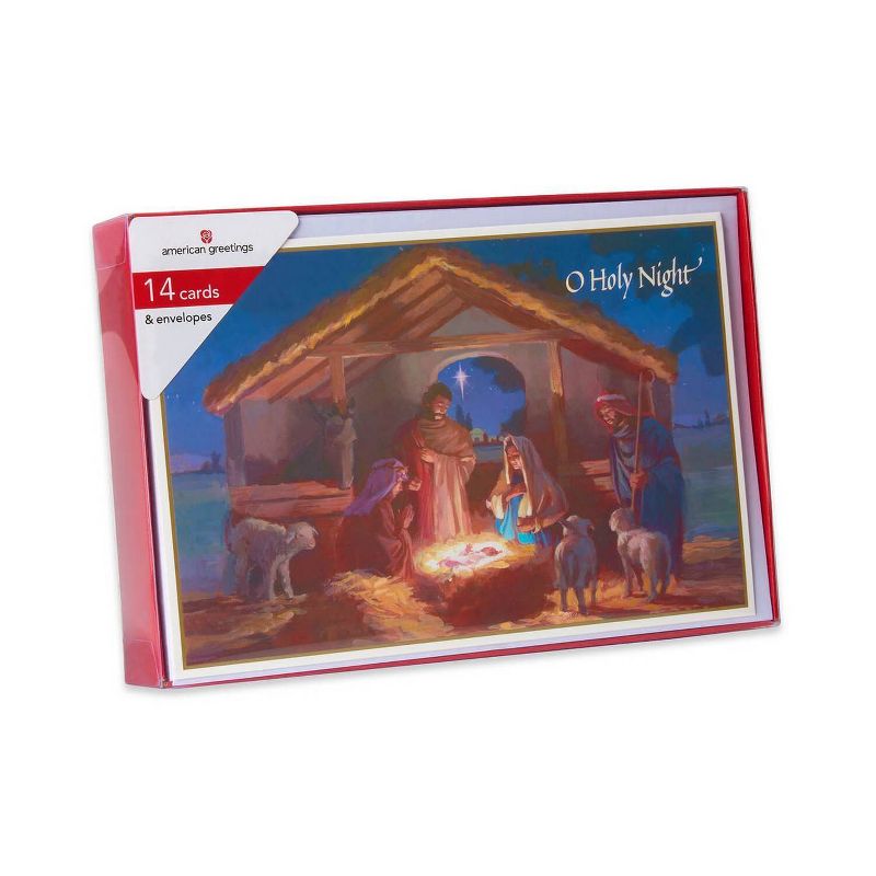 14ct Manger At Night Christmas Boxed Greeting Cards & White Envelopes