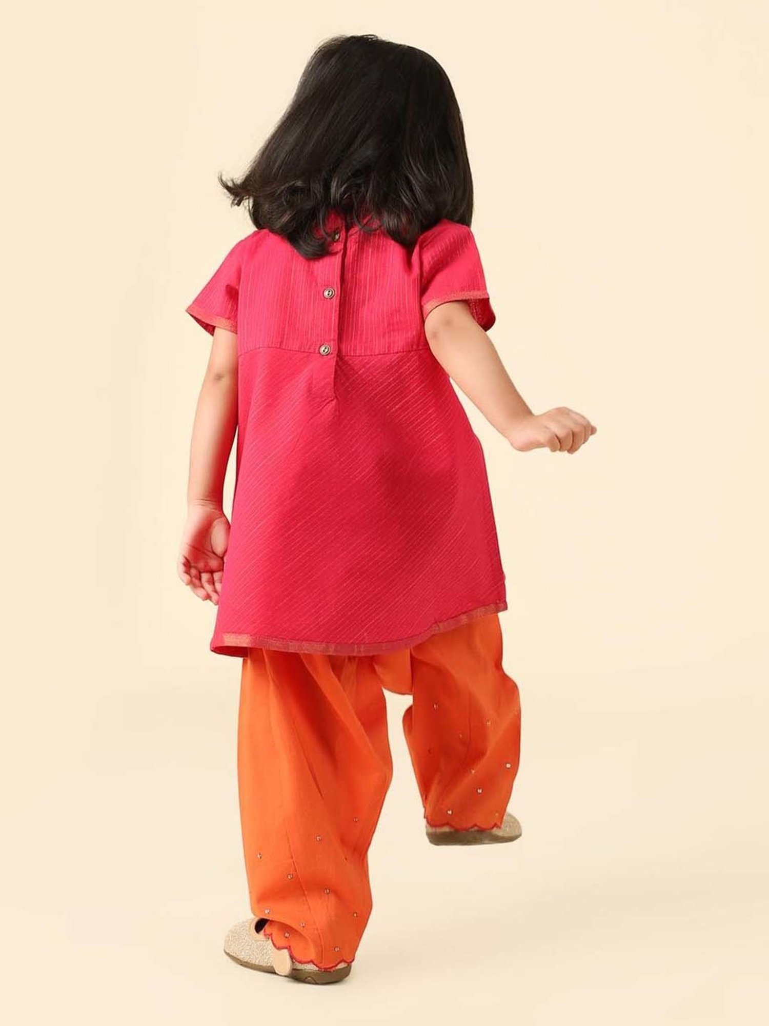 Fabindia Kids Pink & Orange Embellished Kurti & Salwar