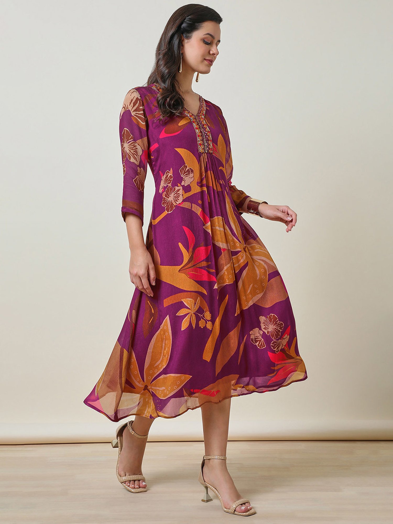 Saffron Threads Black Cotton Floral Print Ethnic Dress