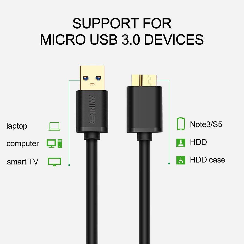 Awinner Micro USB 3.0 Data Cable for Galaxy S5 and Note 3 N9000, Super Speed USB 3.0 A Male to Micro B Male Adapter Cable Charging and Data Sync Cord for Android Smartphones and Tablets (1M-Round)