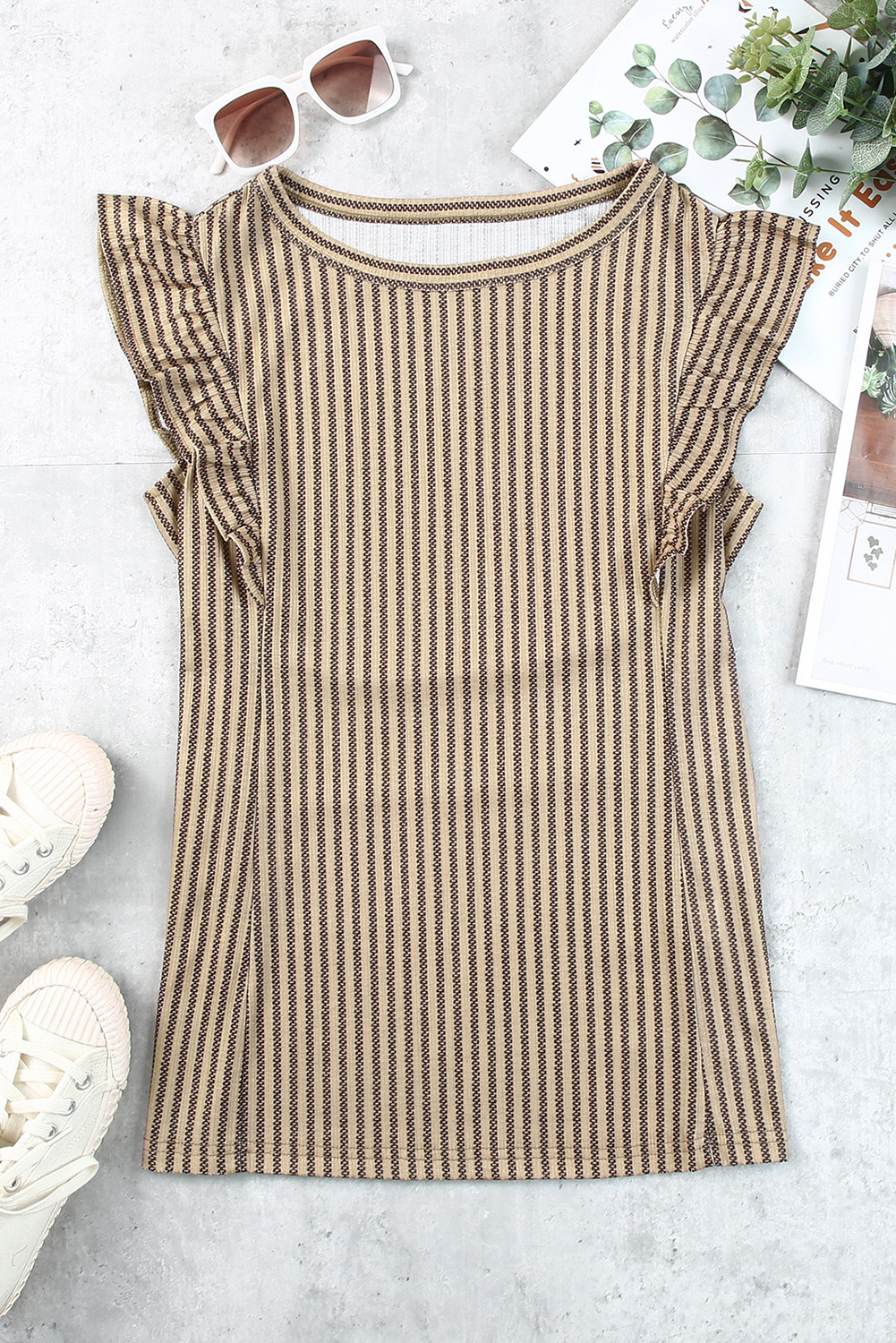 Khaki Striped Print Ruffle Casual Summer Top