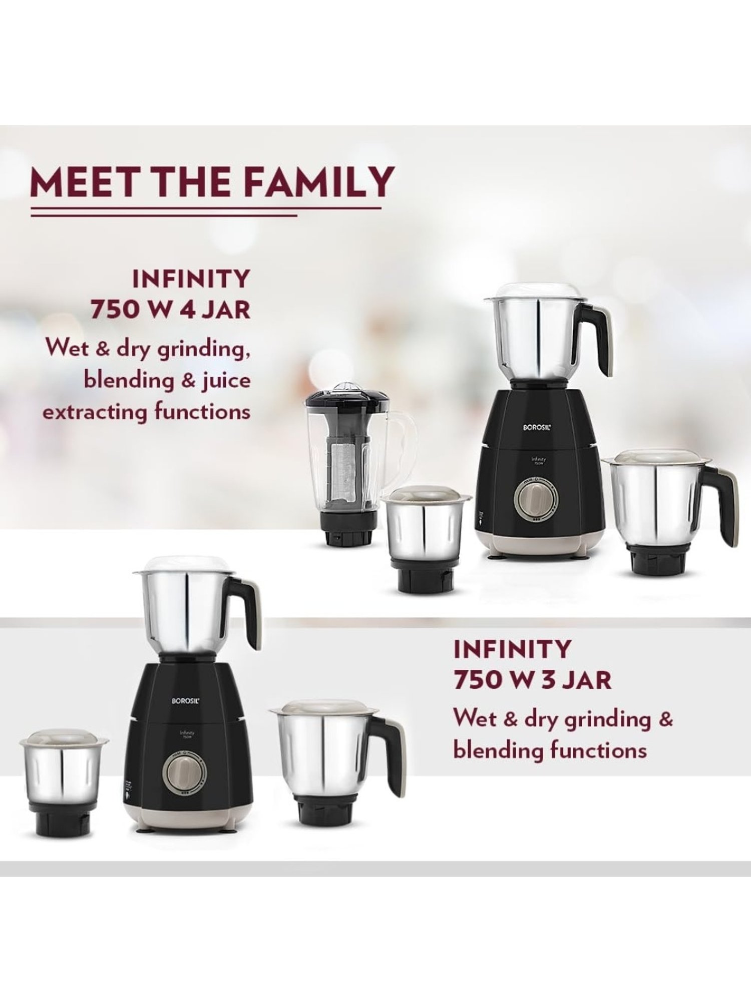 Borosil Stainless Steel Mixer Grinder With 4 Jars ( Black )