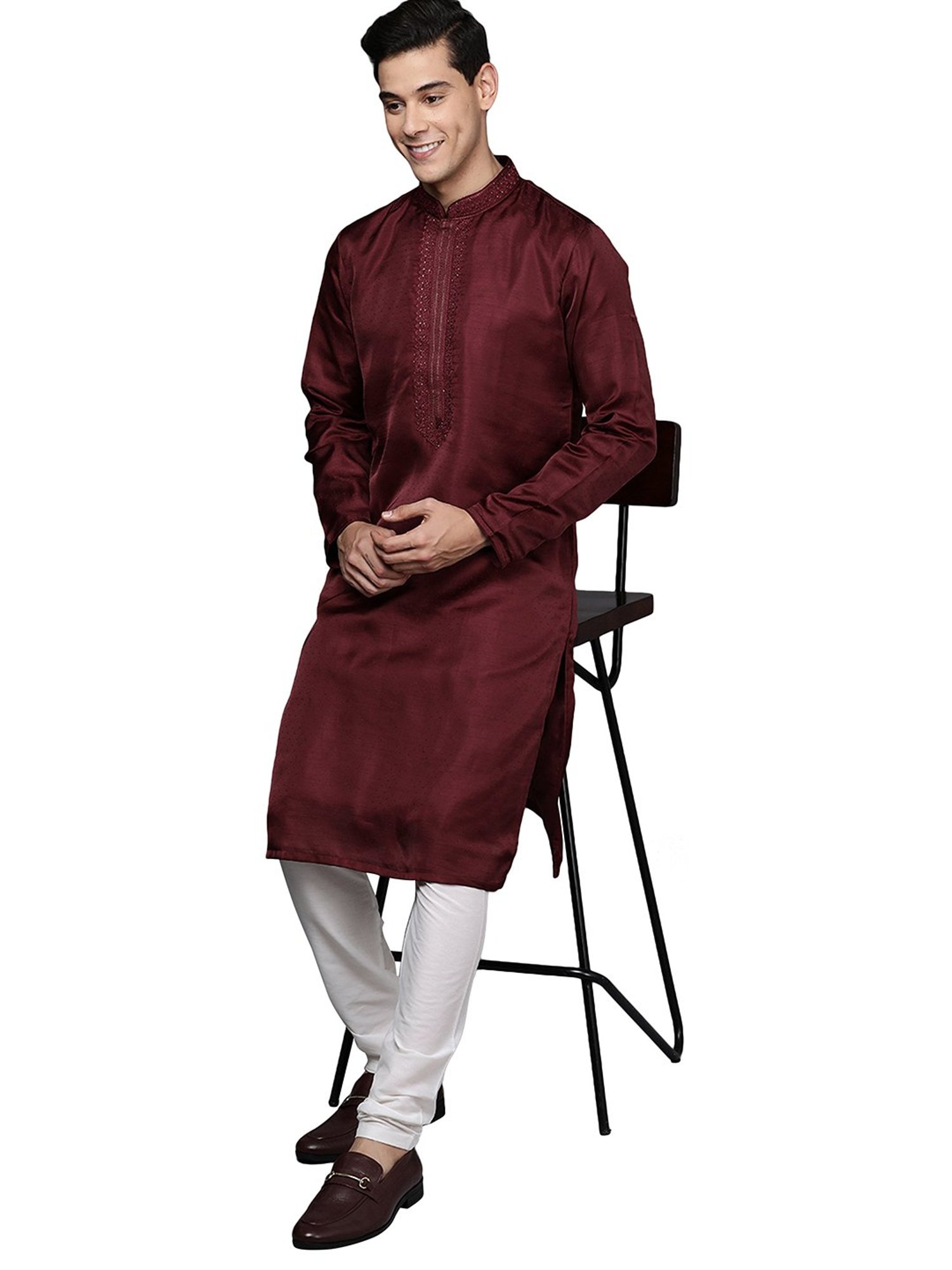 Manyavar Maroon & White Self Design Kurta & Churidar Set