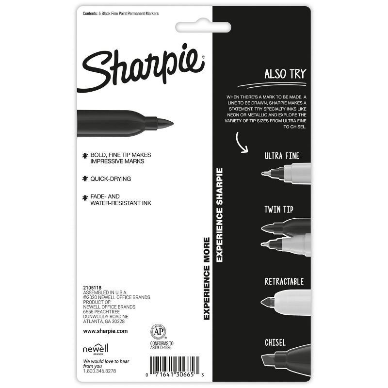 Sharpie 5ct Fine Tip Permanent Markers Multicolor
