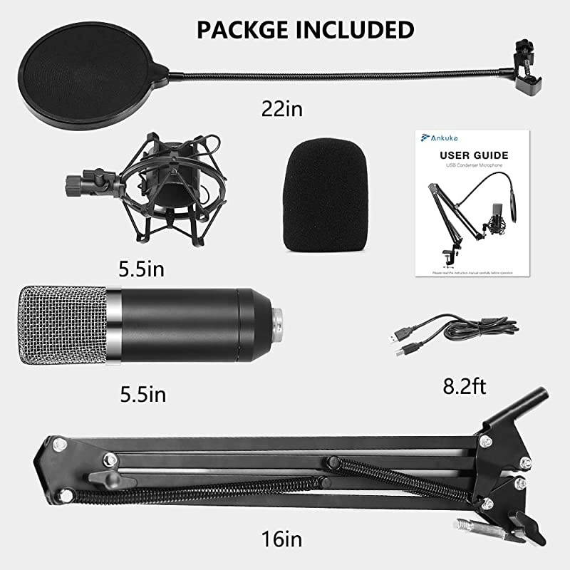 USB Streaming Podcast PC Microphone Professional Studio Cardioid Condenser Mic Kit with Sound Card Boom Arm Shock Mount Pop Filter for Skype Youtuber Gaming Recording