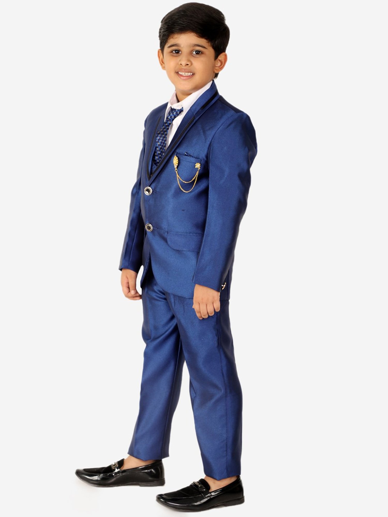Fourfolds Boys Blue & White Solid Full Sleeves Suit Set