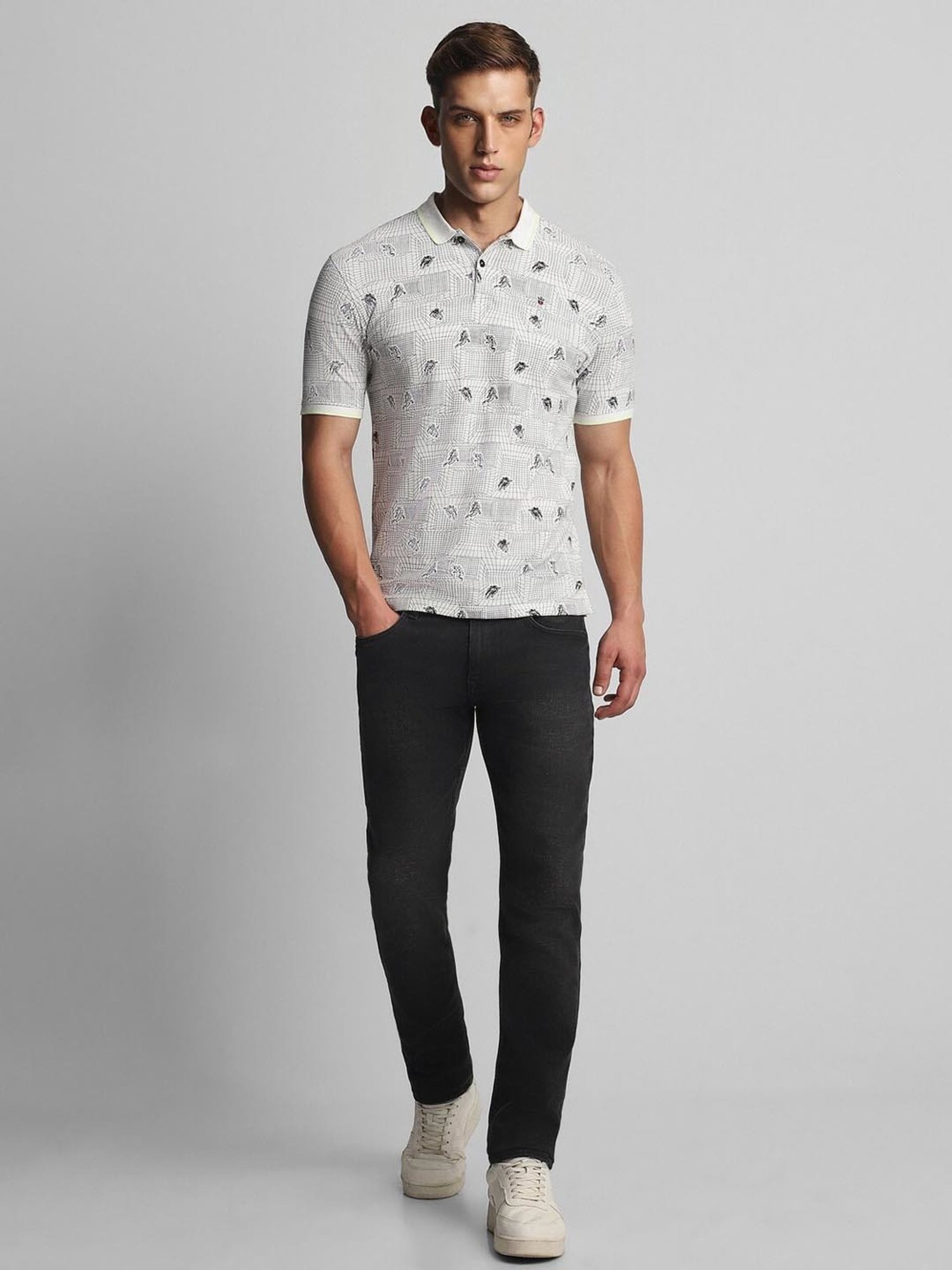 Louis Philippe Jeans White Cotton Slim Fit Printed Polo T-Shirt