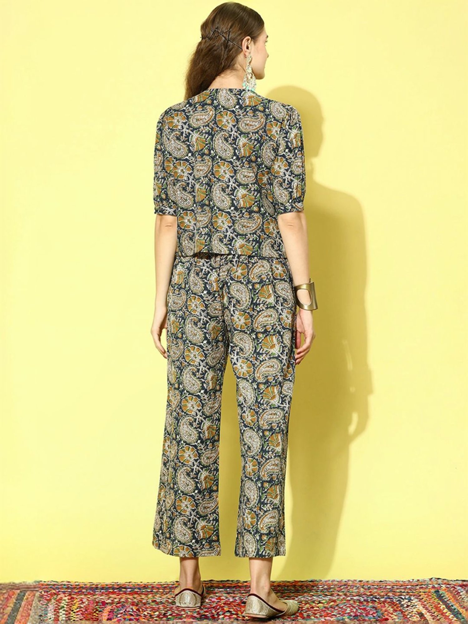 Stylum Yellow & Green Cotton Paisley Print Top & Pants Set