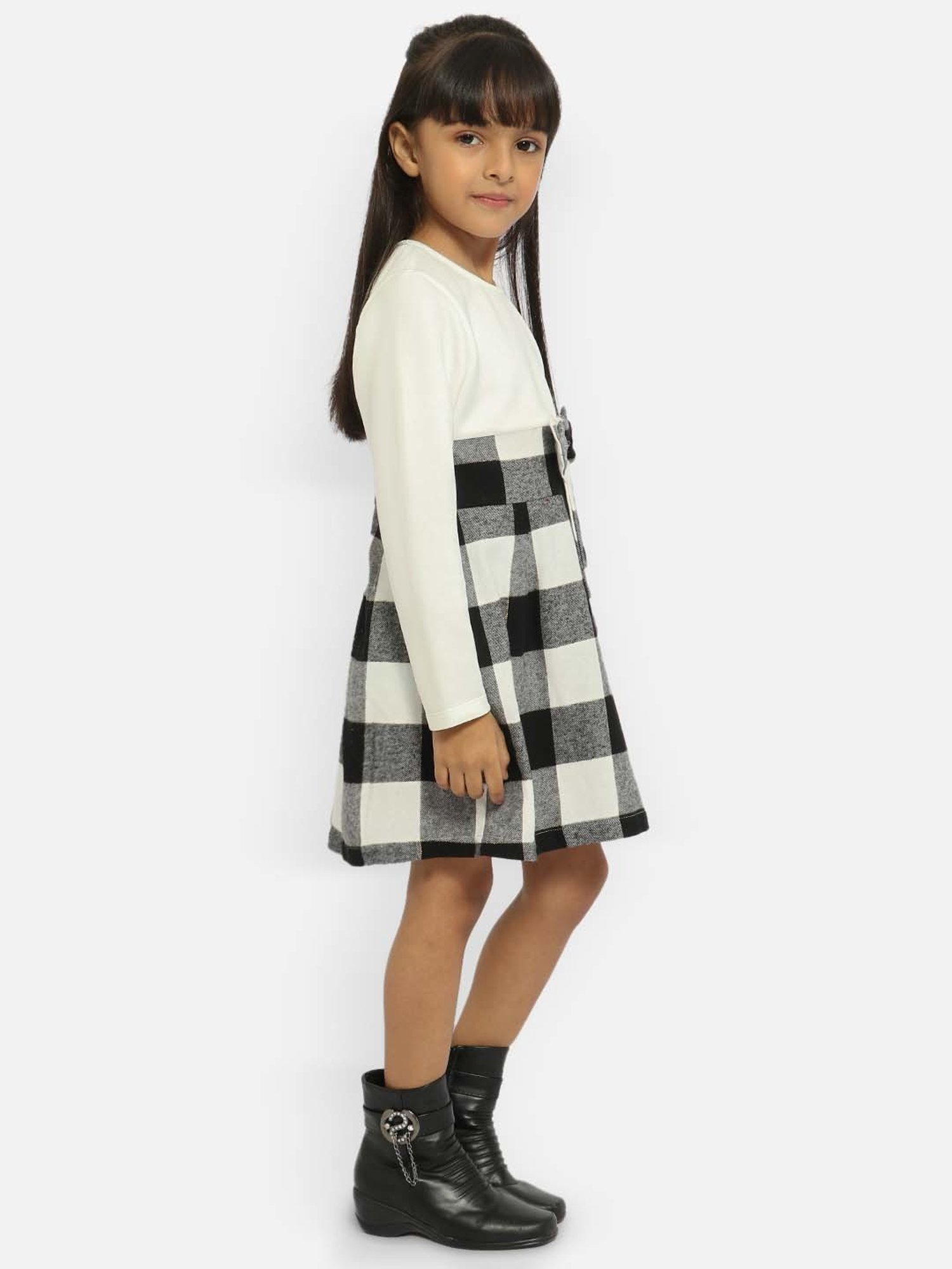 Nauti Nati Kids White & Black Checks Full Sleeves Dress