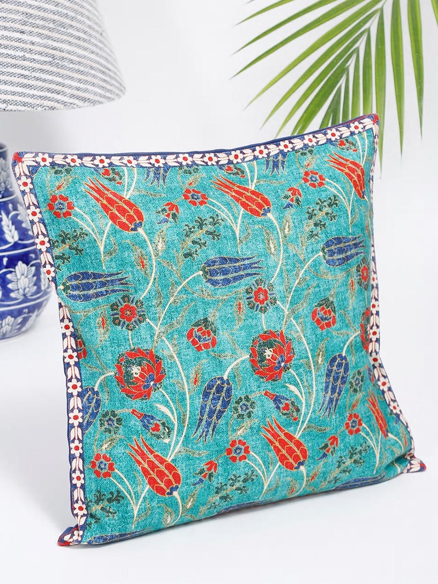Fabindia Teal Cotton Printed Cushion Cover