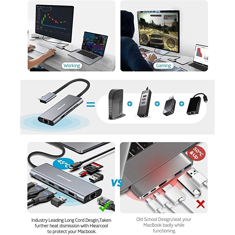 MacBook Pro Docking Station 4K Triple Display  9 in 2 Laptop Docking Station Compatible for MacBook ProAir Thunderbolt 3 Multiport Docker USB C Dongle 2HDMI PD30 SD TF Reader RJ45 2USB