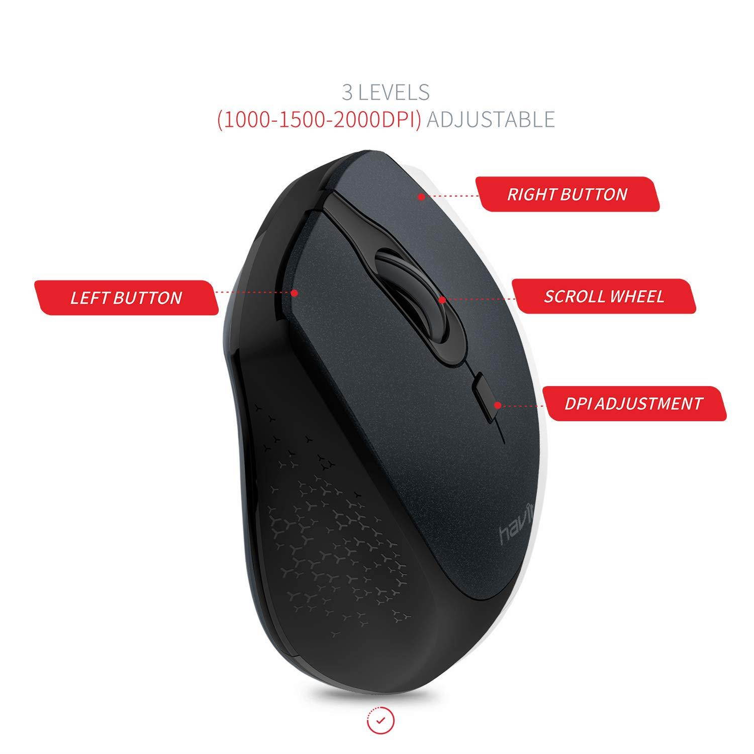 Havit 2.4G Wireless Mouse 2000DPI Optical Mini Portable Mobile with USB Receiver, 3 Adjustable DPI Levels, 4 Buttons for Notebook, PC, Laptop, Computer, MacBook (Black)