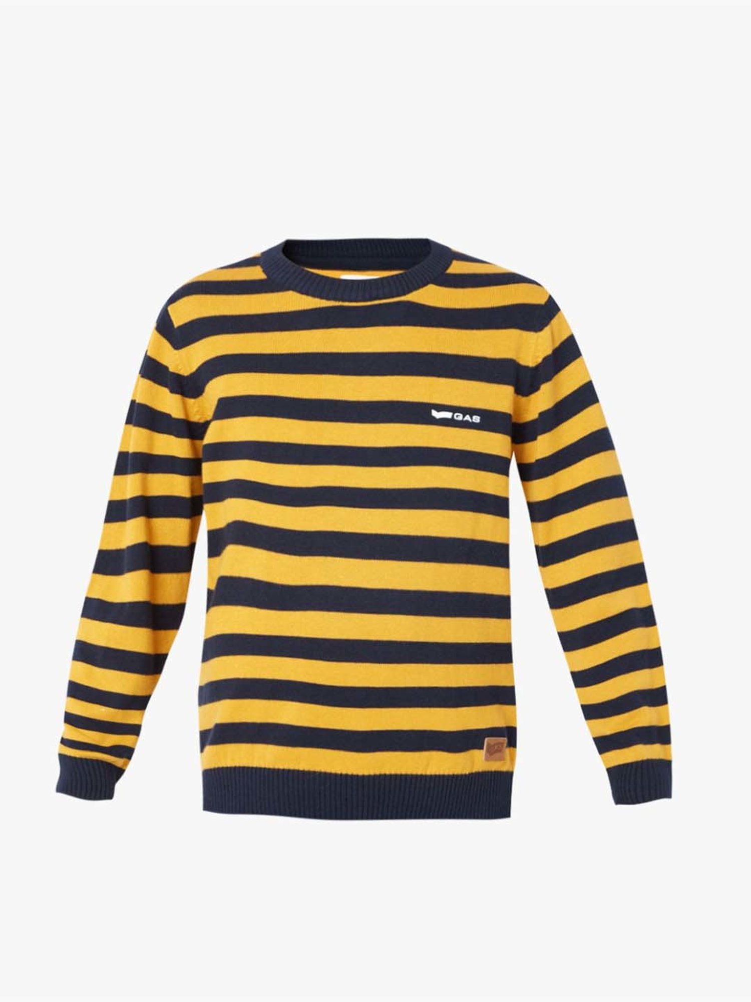Gas Kids Mustard & Navy Cotton Striped Full Sleeves Pullover Sweater