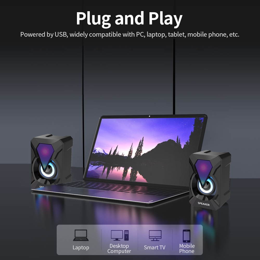 USB Wired Desktop Computer Laptop Speaker with RGB Light Effect 3.5mm AUX Interface Compatible with PC Laptop Cellphone Tablet