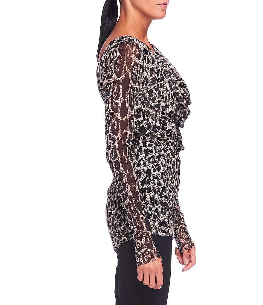 FUZZI Tulle Mesh Iconic Leopard Print Drape V-Neck Long Sleeve Top