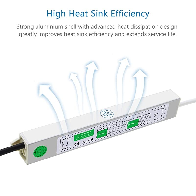 LED Driver 36W Waterproof IP67 12V 3A Power Supply Adapter Transformer AC 110~260V to DC 12 Volt 3 Amp 36 Watt Converter for Outdoor LED Lighting LED Strip Module Street Lights CCTV Camera