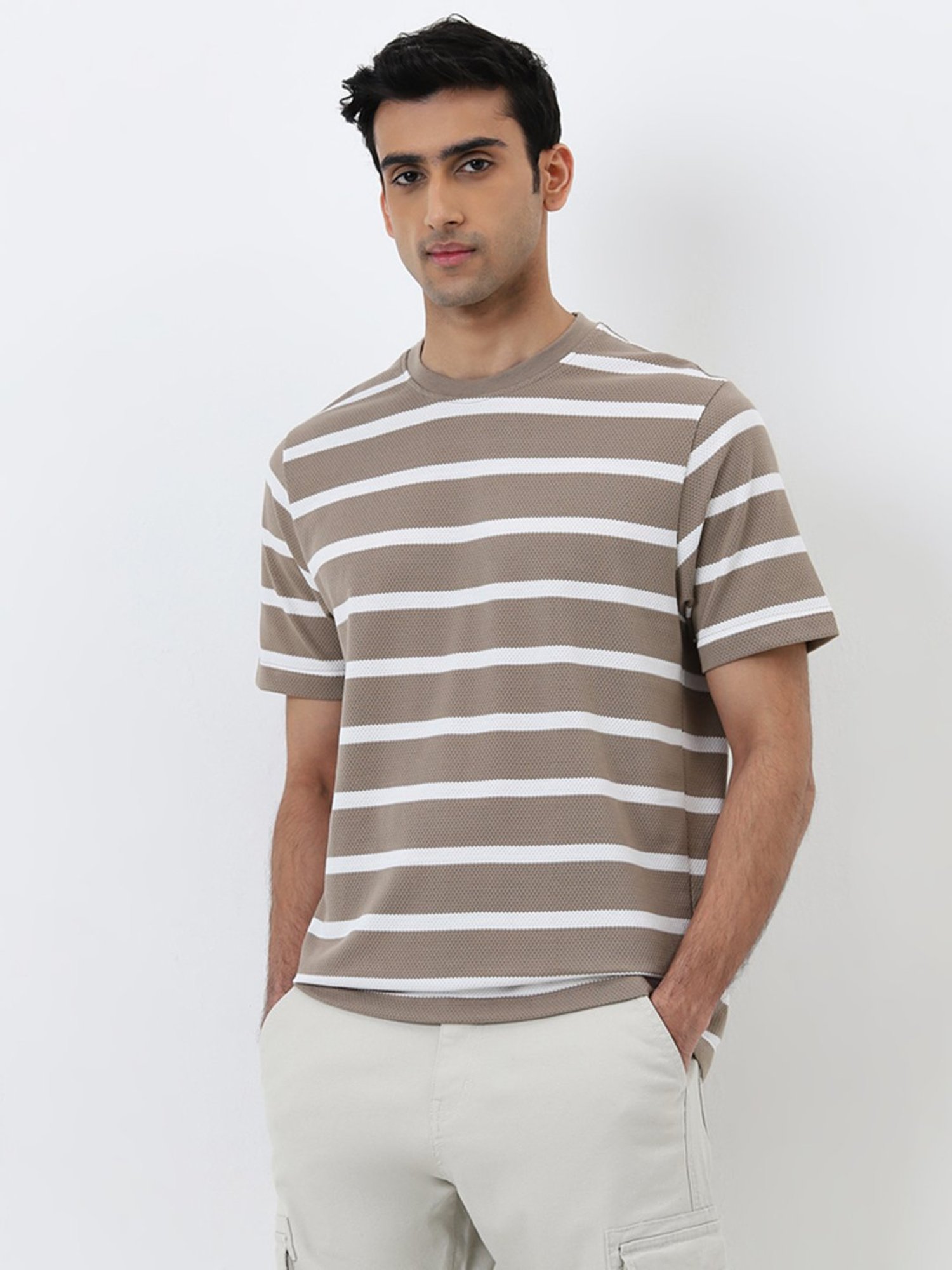 WES Lounge by Westside Dark Beige Textured Slim-Fit T-Shirt