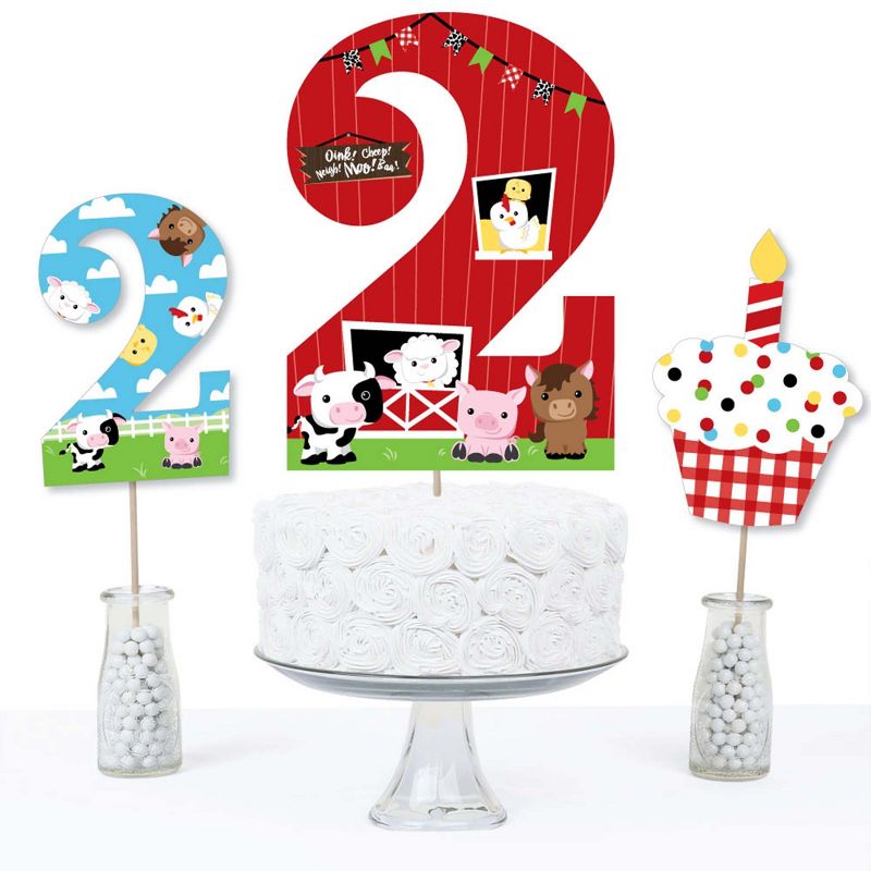 Big Dot of Happiness 2nd Birthday Farm Animals - Barnyard Second Birthday Party Centerpiece Sticks - Table Toppers - Set of 15