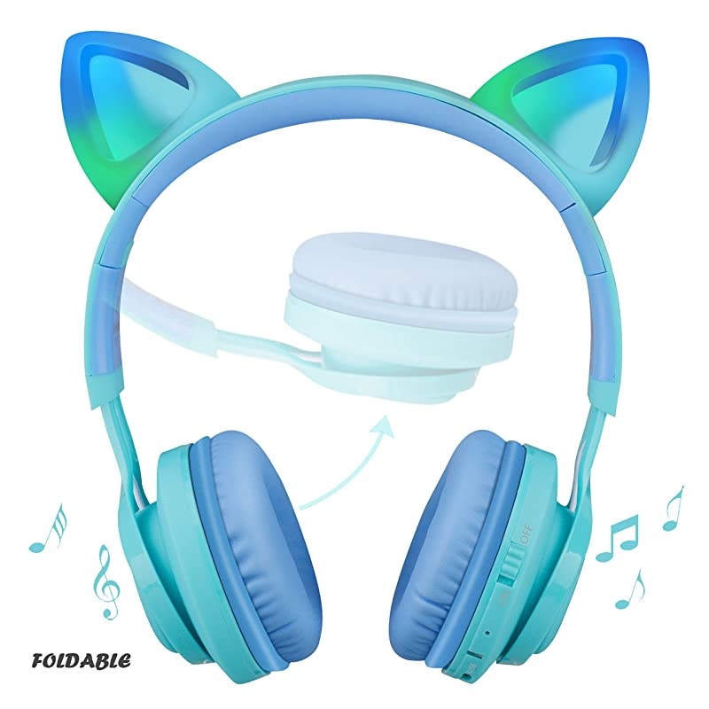 Kids Headphones,  CT-7S Cat Ear Bluetooth Headphones 85dB Volume Limiting,LED Light Up Kids Wireless Headphones Over Ear with Microphone for iPhone/iPad/Kindle/Laptop/PC/TV(Blue&Green)