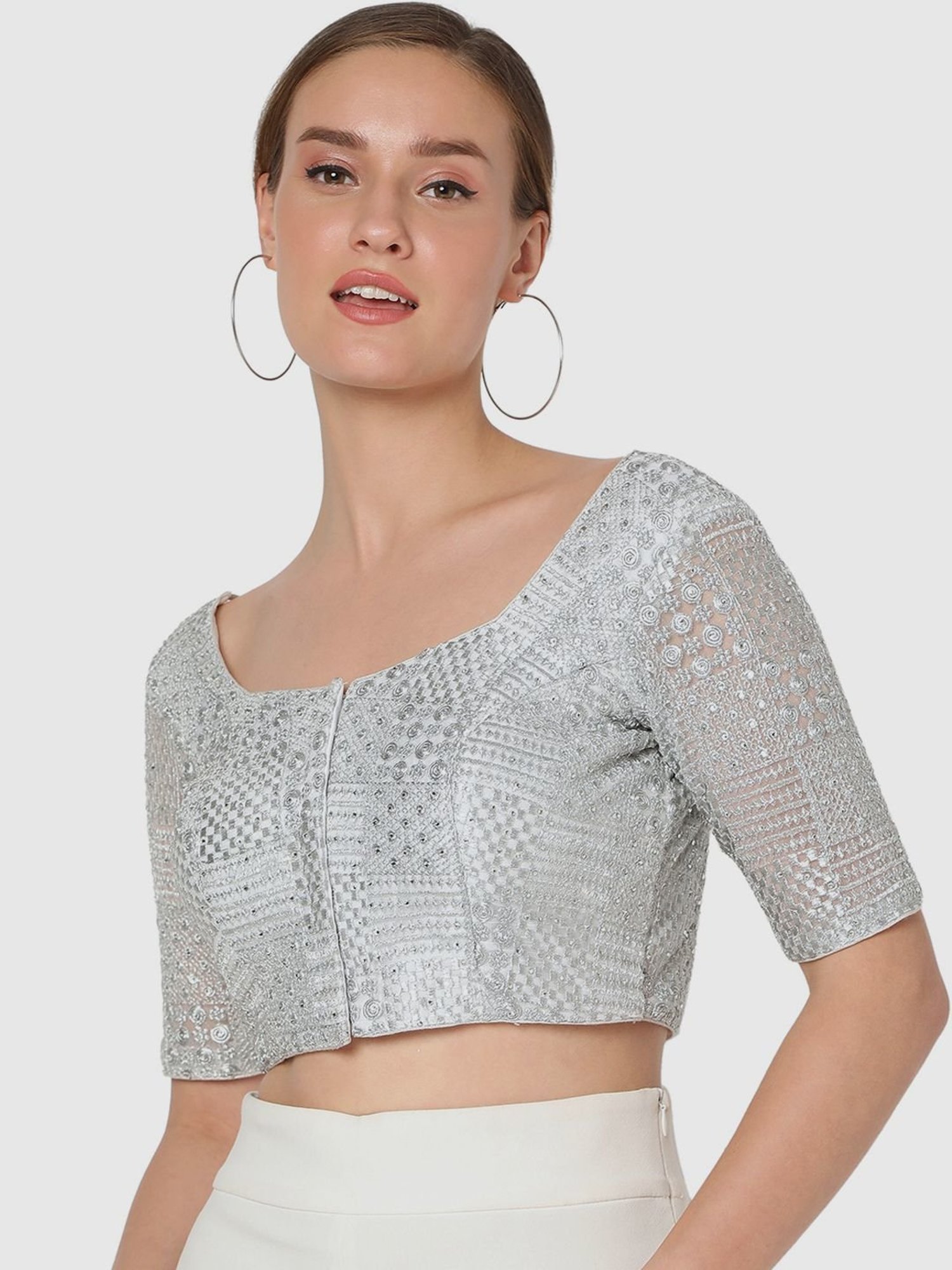 Salwar Studio Silver Embroidered Readymade Blouse