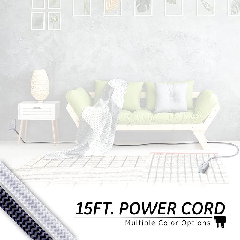 Designer Extension Cord with Sur Protection Braided Power Cord 15 ft 3 Grounded Outlets Flat Plug Premium WhiteGrey 40530