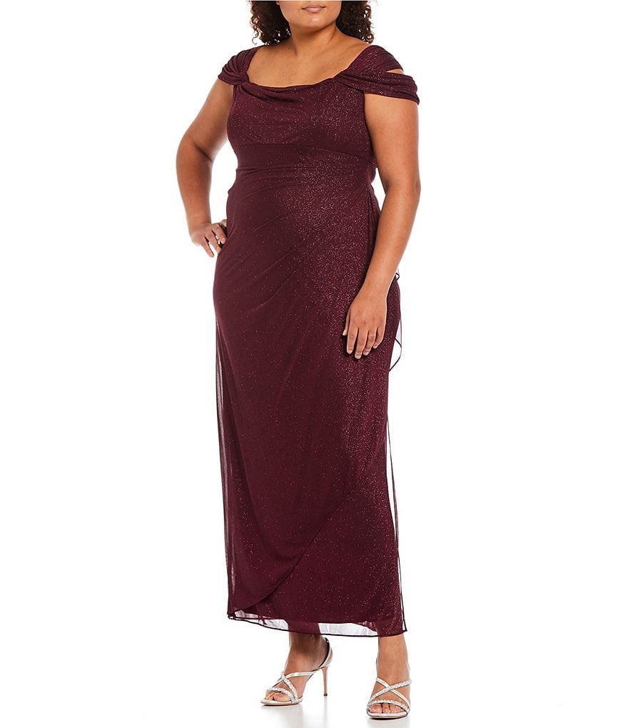 Alex Evenings Plus Cold Shoulder Cowl Neck Cap Sleeve Glitter Mesh Gown