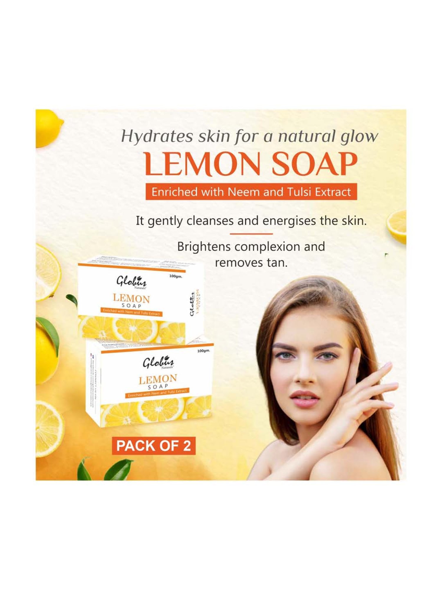 Globus Naturals Lemon Soap Enriched with Neem & Tulsi Extract - 100 gm (Pack of 2)