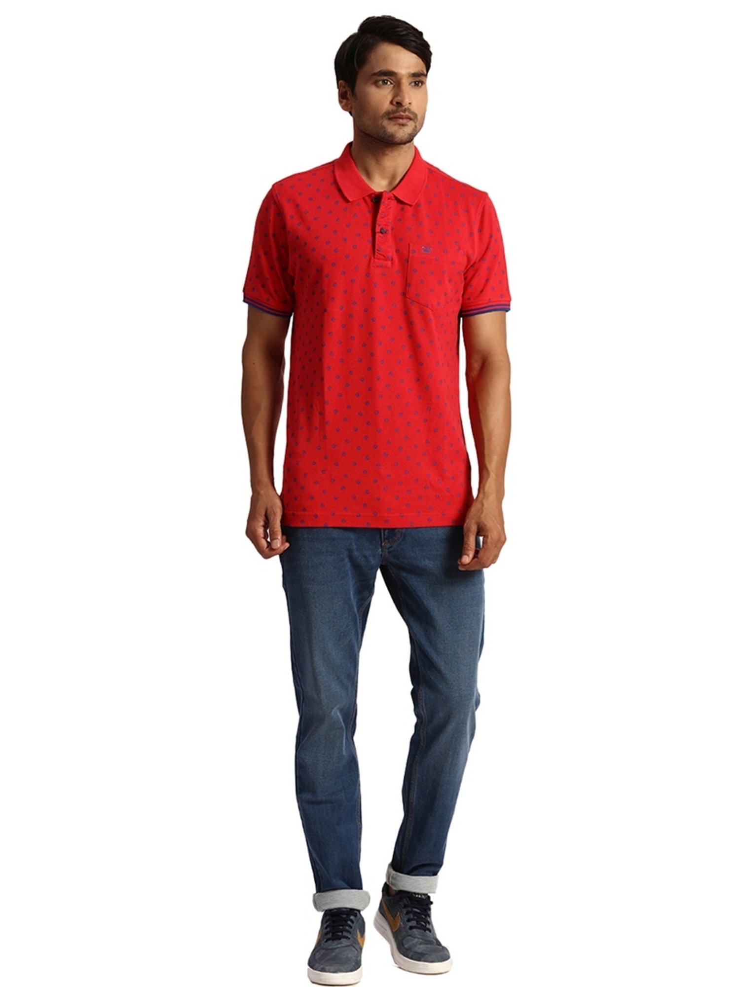 ColorPlus Red Cotton Tailored Fit Printed Polo T-Shirt