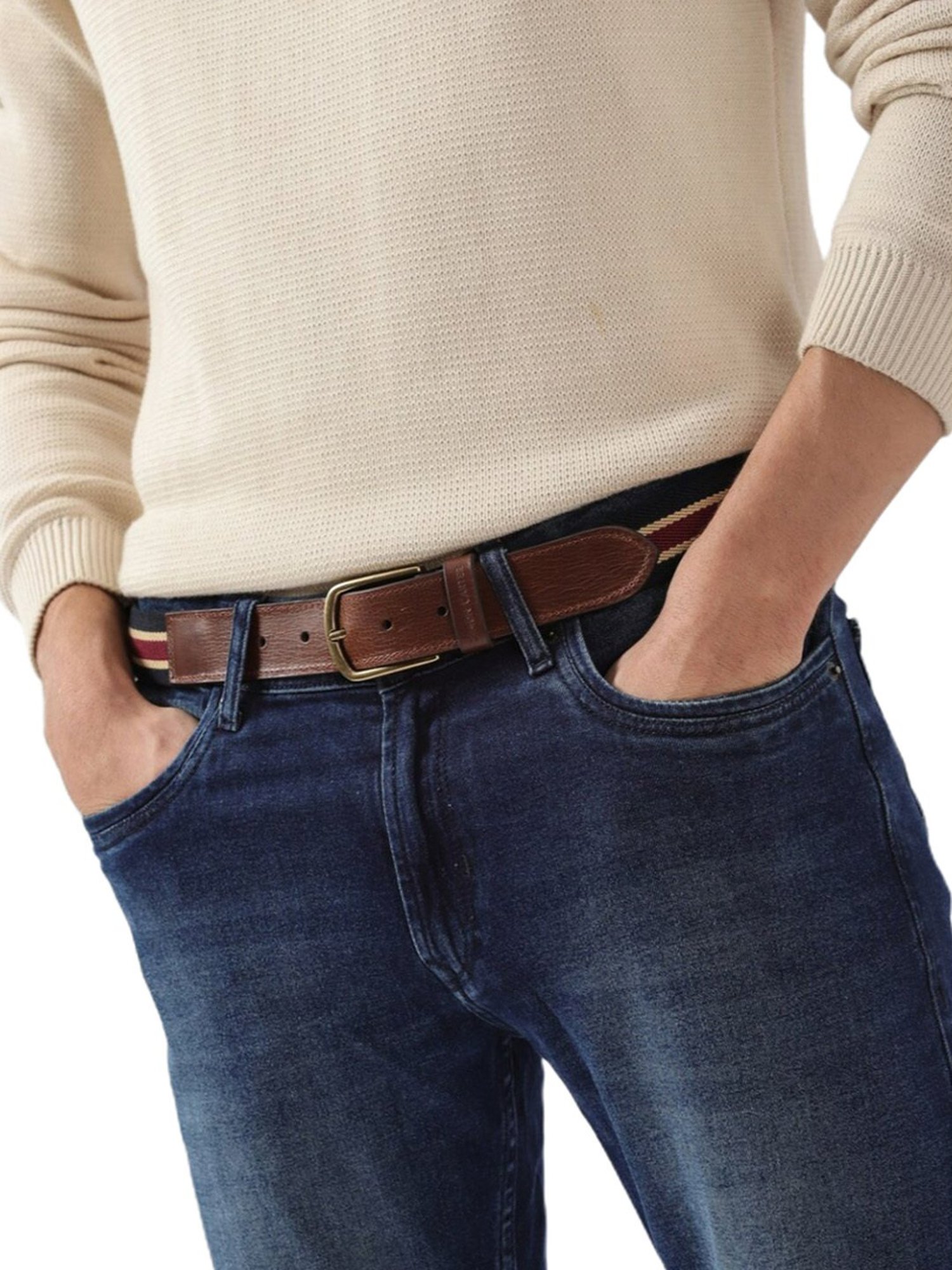 Simon Carter Multicolor Leather Striped Casual Belt for Men
