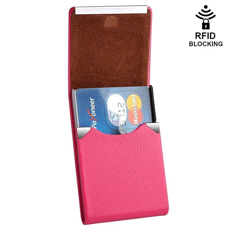 Leather Business Card Holder for Women Leather Stainless Steel Business Card Case with Magnetic Shut Rose Red