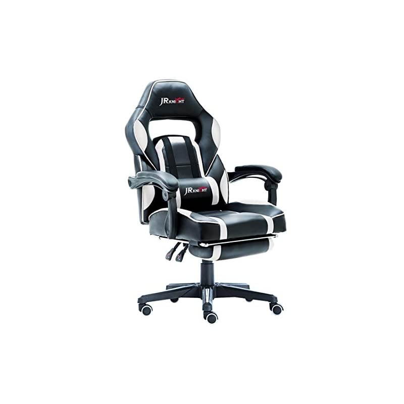 Ergonomic Gaming Chair with Footrest, Professional Gamer Design Home Office Computer Executive Swivel Racing Chair, PU Leather Padding Desk Chair (Black&White)