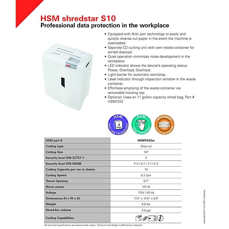 S10 Shredstar 10-Sheet, Strip-Cut, 4.8 gal Capacity Paper Shredder with Separate CD Slot, White