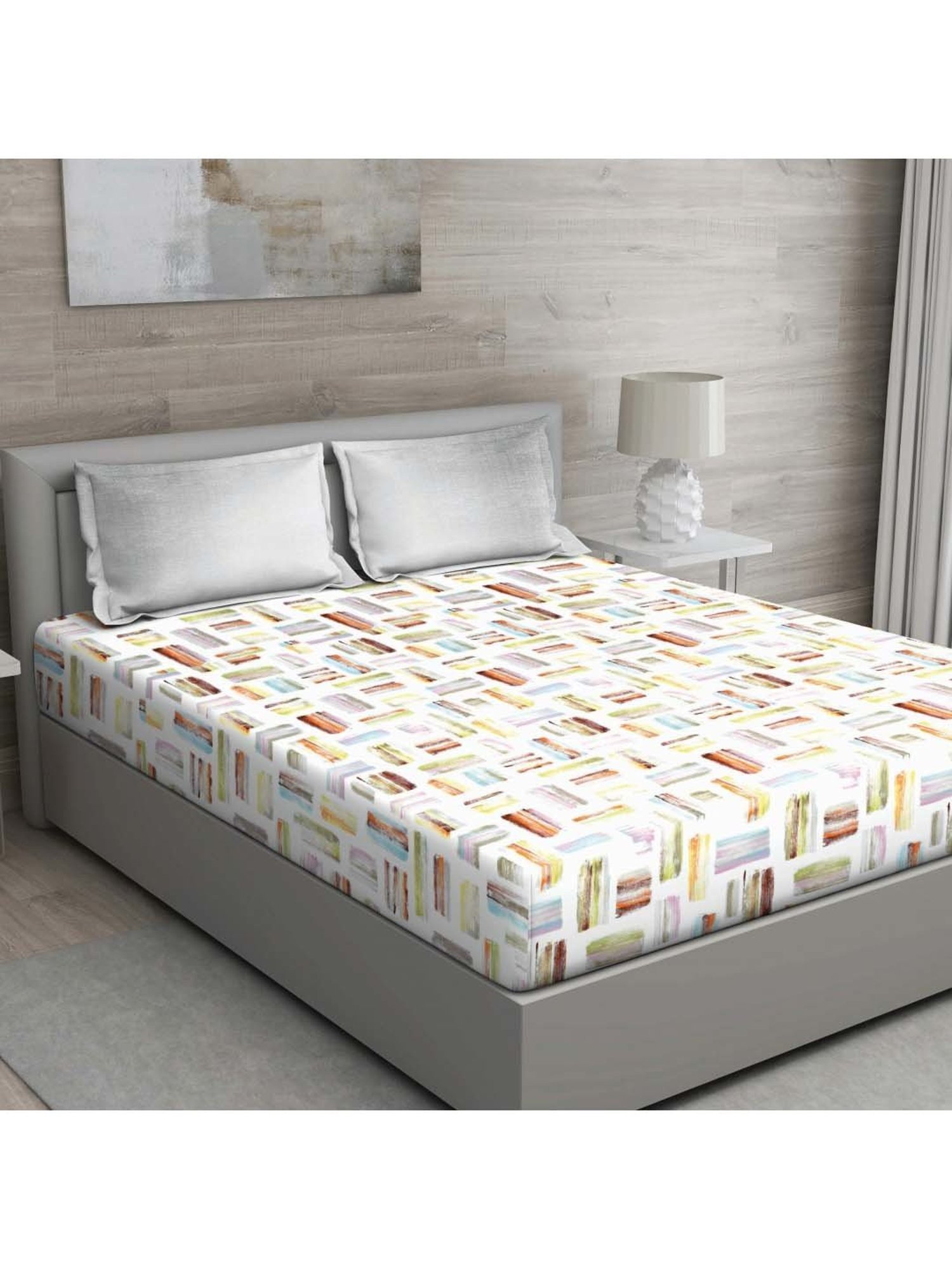 GM 'Regal' Grey & White Cotton 144 TC Double Bedsheet with 2 Pillow Covers