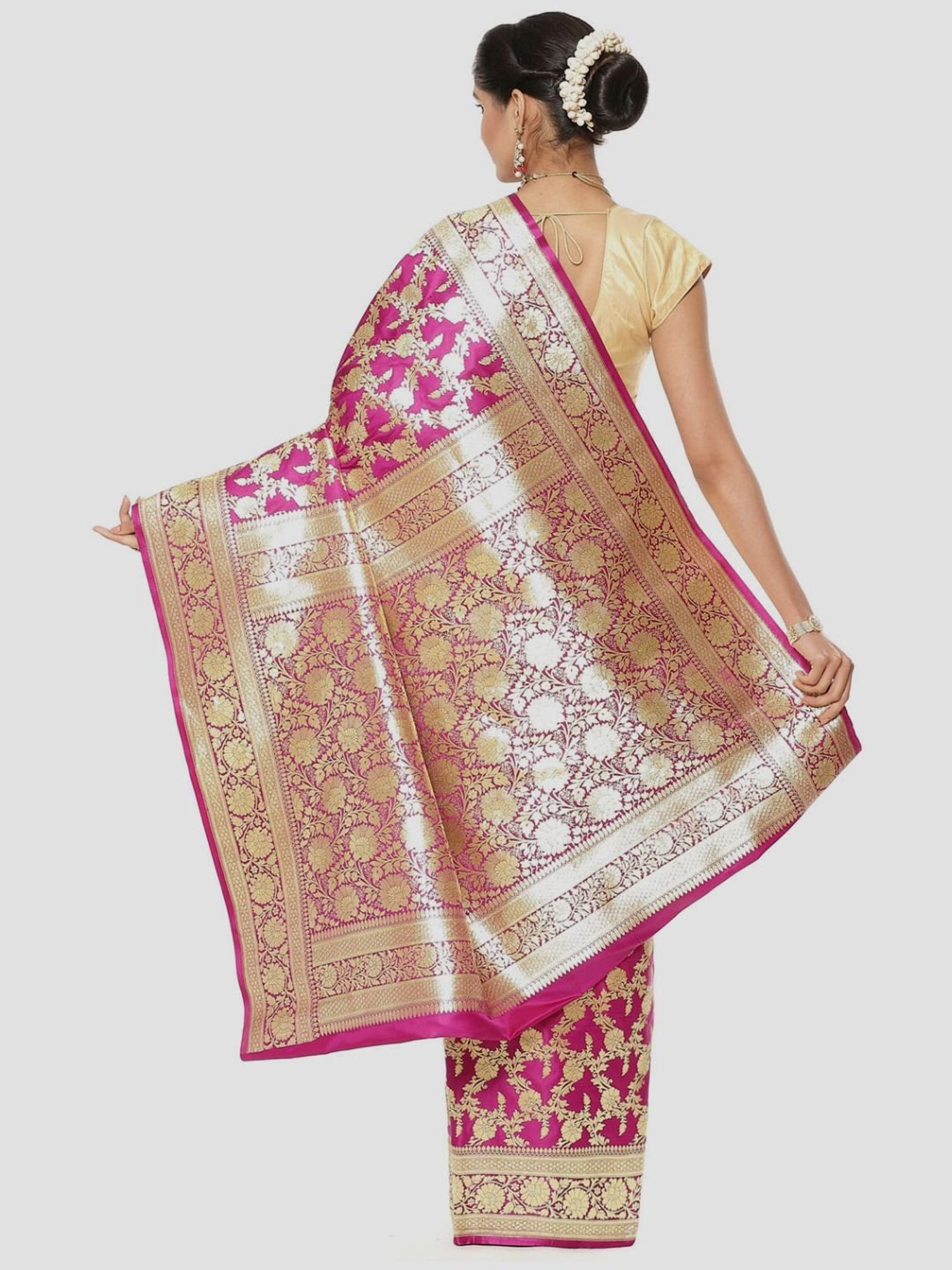 Banarasi Silk Works Pink Woven Saree With Unstitched Blouse
