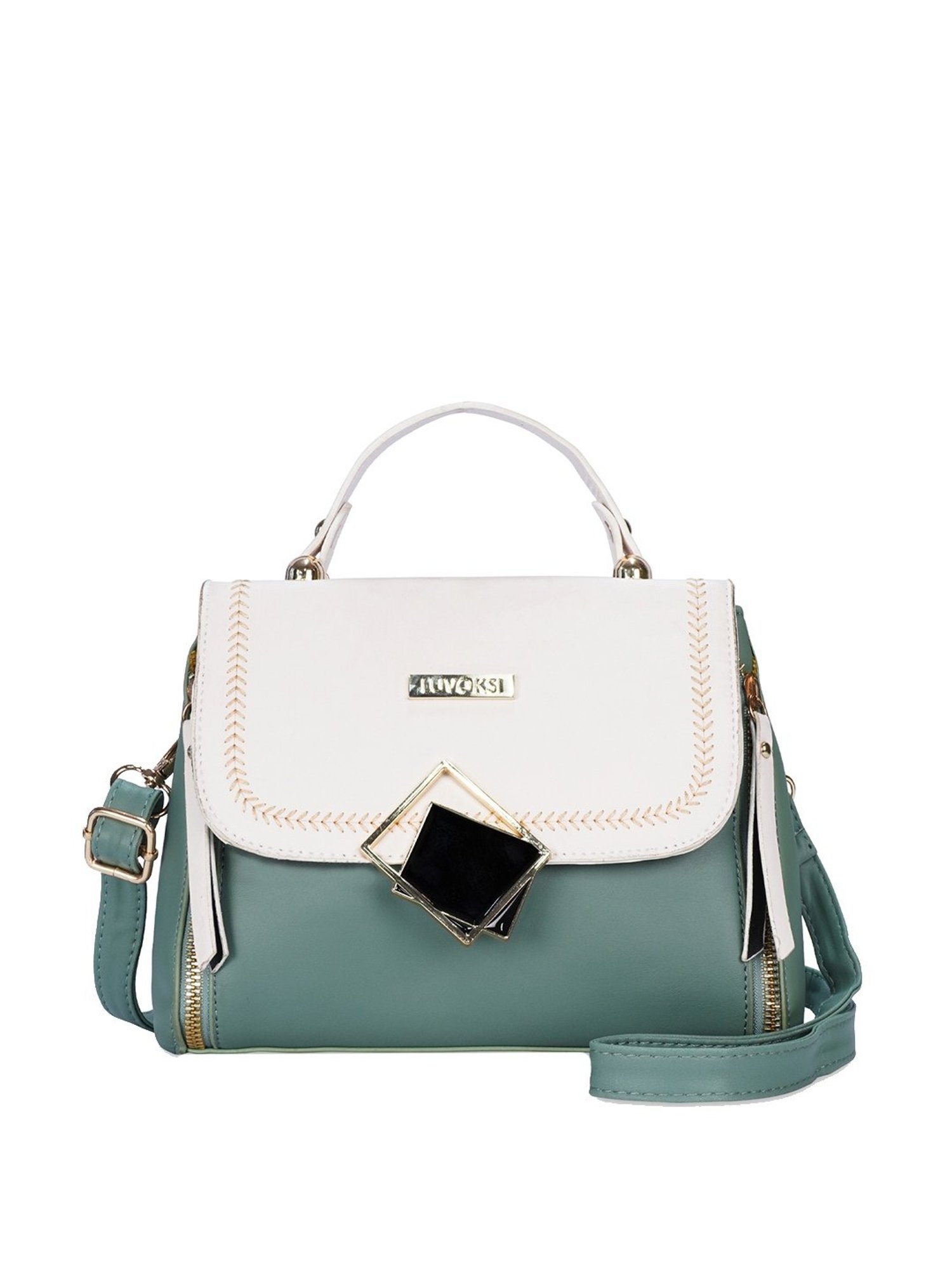 Luvoksi White & Green Embellished Medium Satchel Handbag