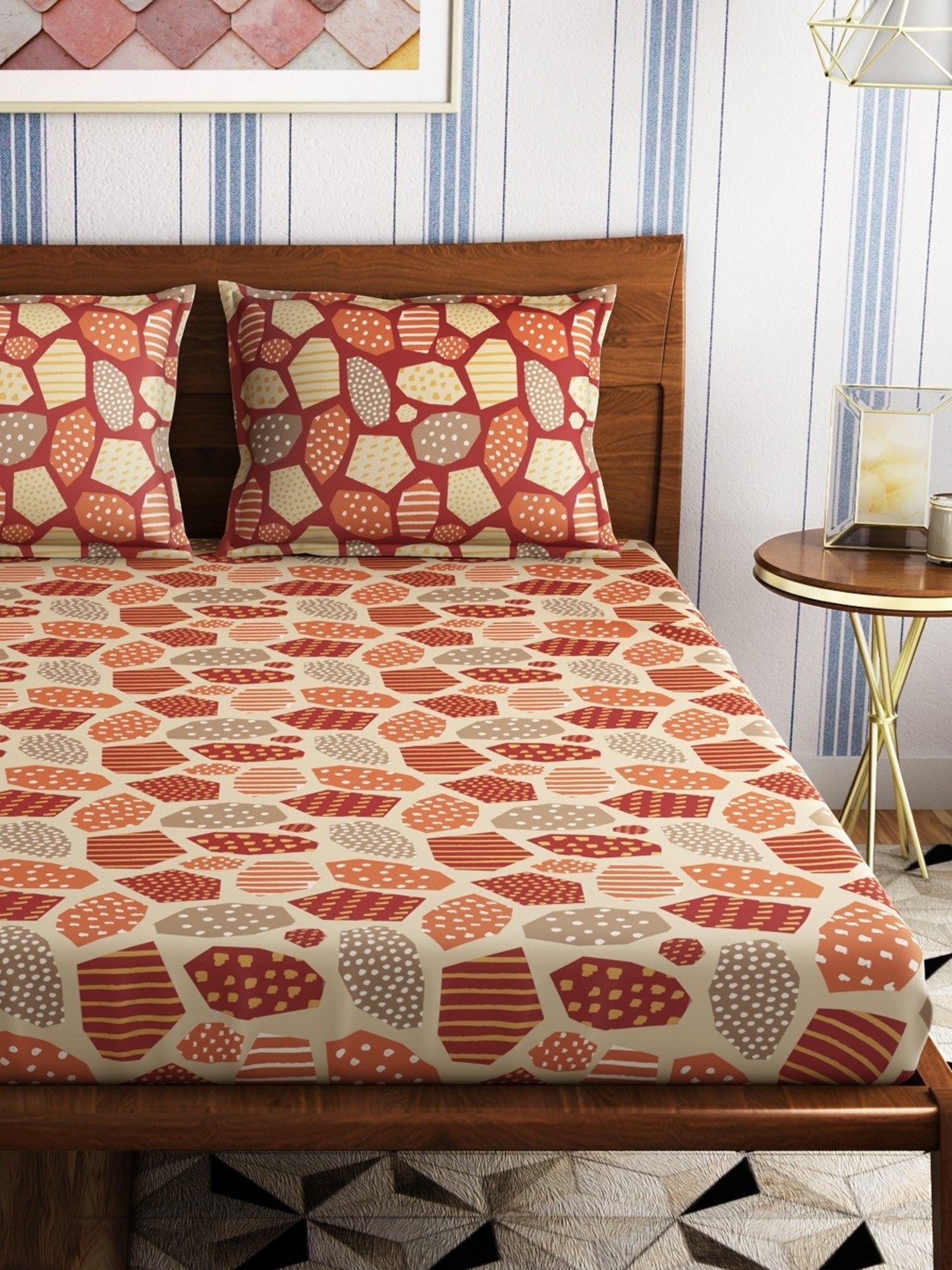 Petal Home Mosaic Abstract Multicolor 300 TC Cotton Queen Bed Sheet with 2 Pillow Covers