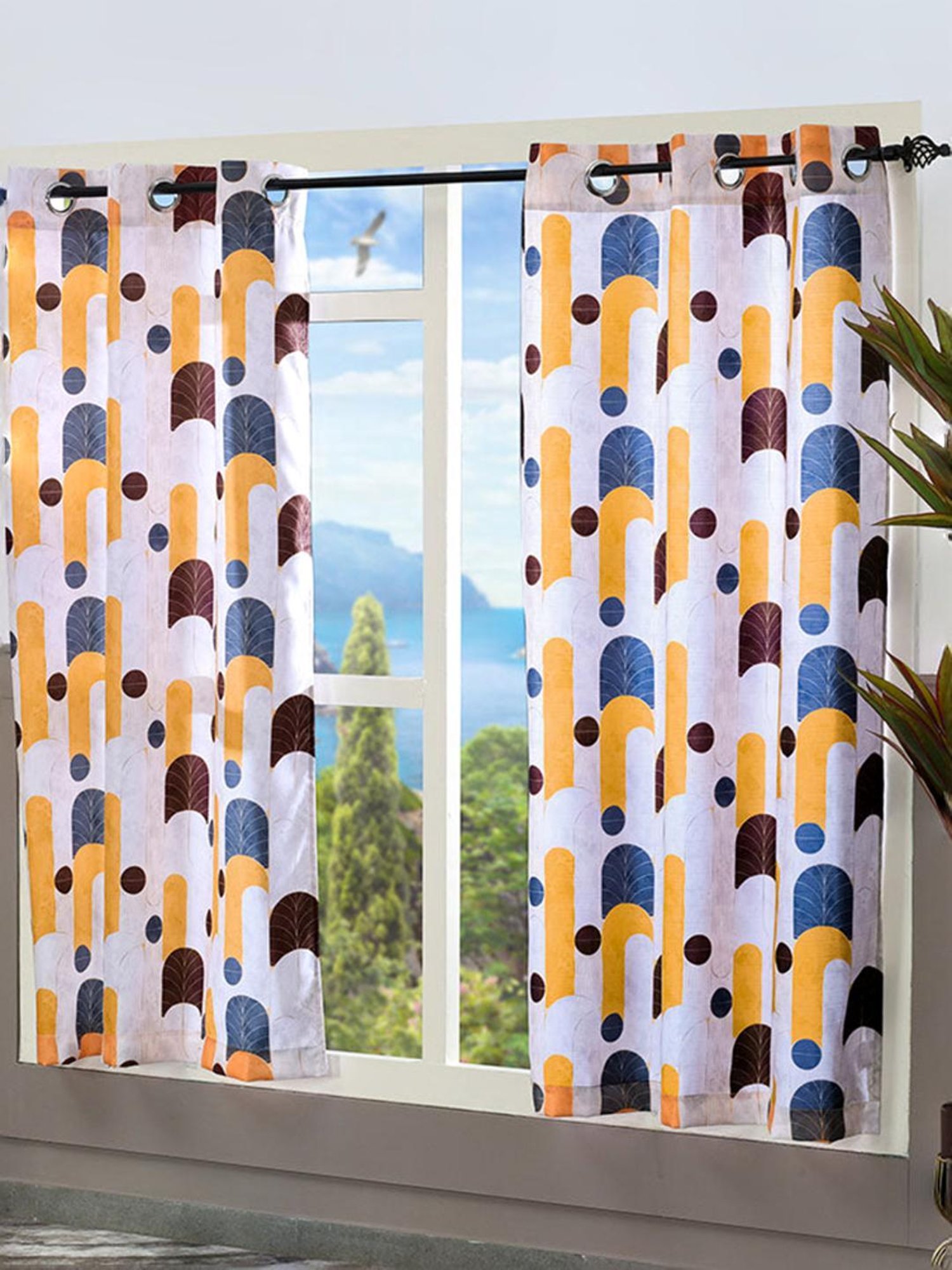 Swayam Cream & Blue Printed Faux Silk Door Curtains - Set of 2